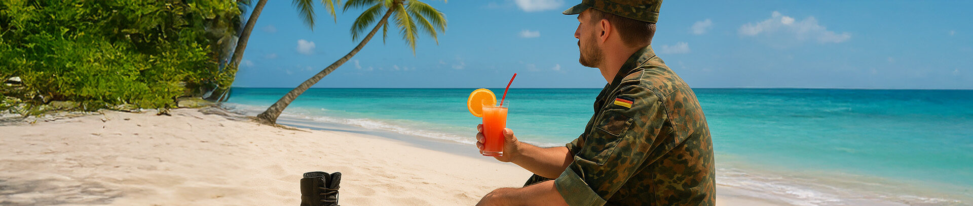 Soldat mit Cocktail auf einer Insel am Strand  Versicherungen für Berufssoldaten  Soldaten auf Zeit und Freiwillig Wehrdienstleistende  Anwartschaft  Pflegepflicht  Dienstunfähigkeit  Soldatenunfall  Diensthaftpflicht  Dienstzeitende  Pensionierung (BS)  Familie  Ausland  Vermögensaufbau  Steuervorteile  EUMAXX  Continentale Versicherung
